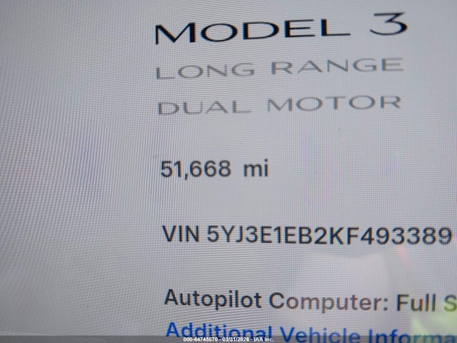 Продаж на аукціоні авто 2019 Tesla Model 3 Long Range/performance, vin: 5YJ3E1EB2KF493389, номер лоту: 44745570