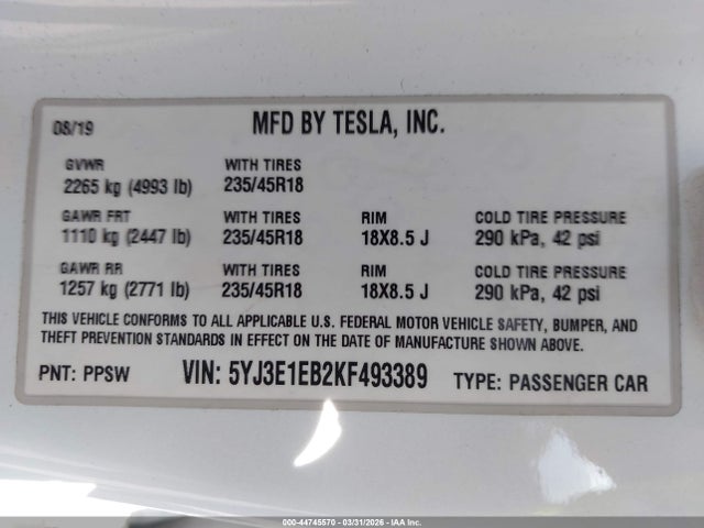 Продаж на аукціоні авто 2019 Tesla Model 3 Long Range/performance, vin: 5YJ3E1EB2KF493389, номер лоту: 44745570