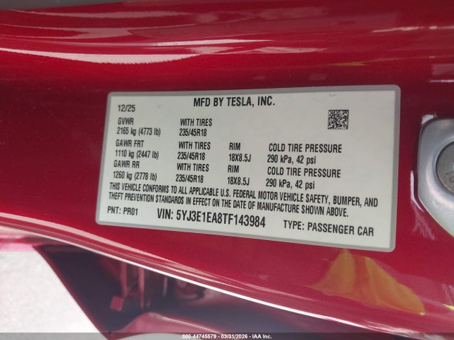 2026 Tesla Model 3 Premium Rear-wheel Drive/standard Rear-wheel Drive მანქანა იყიდება აუქციონზე, vin: 5YJ3E1EA8TF143984, აუქციონის ნომერი: 44745579
