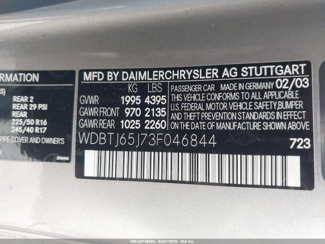 2003 Mercedes-benz Clk 320 მანქანა იყიდება აუქციონზე, vin: WDBTJ65J73F046844, აუქციონის ნომერი: 44745580