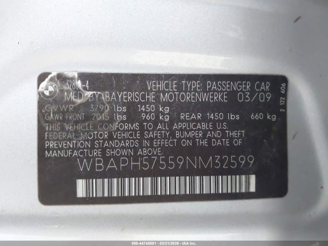 Продажа на аукционе авто 2009 Bmw 328i, vin: WBAPH57559NM32599, номер лота: 44745581