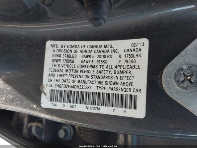 44745582 :رقم المزاد ، 2HGFB2F54DH535287 vin ، 2013 Honda Civic Lx مزاد بيع