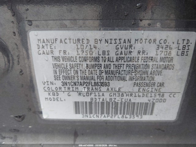 Nissan Versa 1.6 Sv 2015 3N1CN7AP2FL863593 Image 9