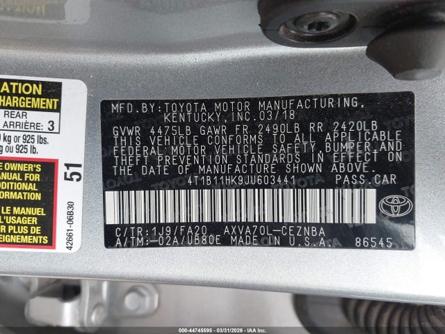 4T1B11HK9JU603441 Toyota CAMRY LE
