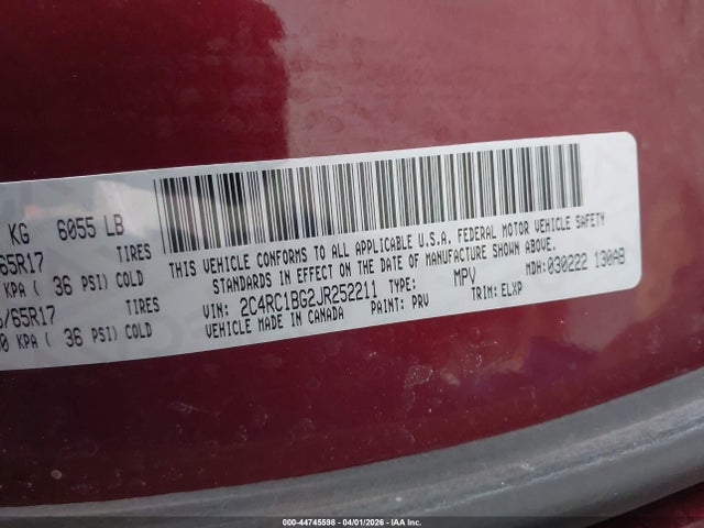 Продаж на аукціоні авто 2018 Chrysler Pacifica Touring L, vin: 2C4RC1BG2JR252211, номер лоту: 44745598