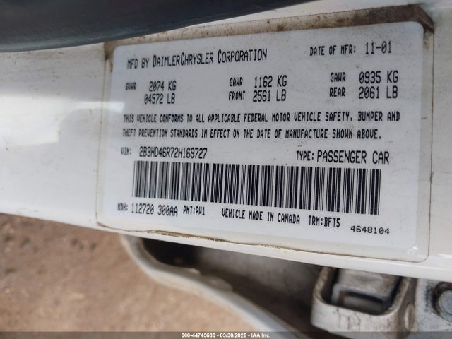Aukcja sprzedaży 2002 Dodge Intrepid Se, vin: 2B3HD46R72H169727, numer aukcji: 44745600