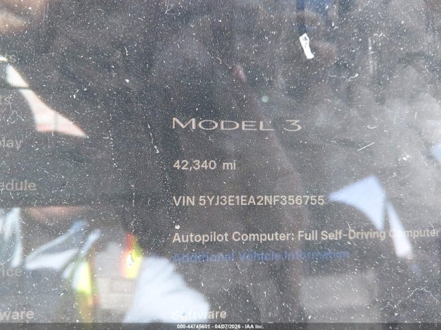 44745601 :رقم المزاد ، 5YJ3E1EA2NF356755 vin ، 2022 Tesla Model 3 Rear-wheel Drive مزاد بيع