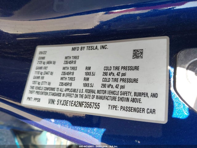 Tesla Model 3 Rear-wheel Drive 2022 5YJ3E1EA2NF356755 Image 9