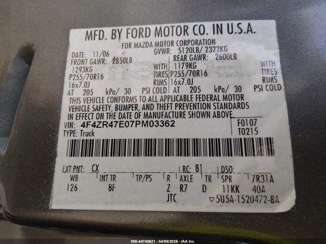 44745621 :رقم المزاد ، 4F4ZR47E07PM03362 vin ، 2007 Mazda B4000 Se مزاد بيع