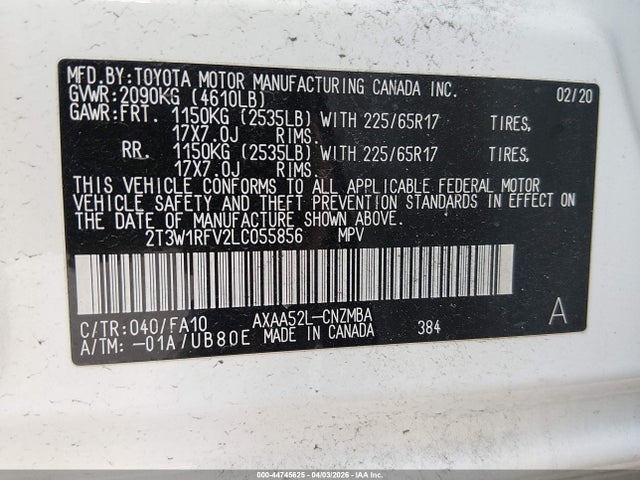 Продажа на аукционе авто 2020 Toyota Rav4 Xle, vin: 2T3W1RFV2LC055856, номер лота: 44745625