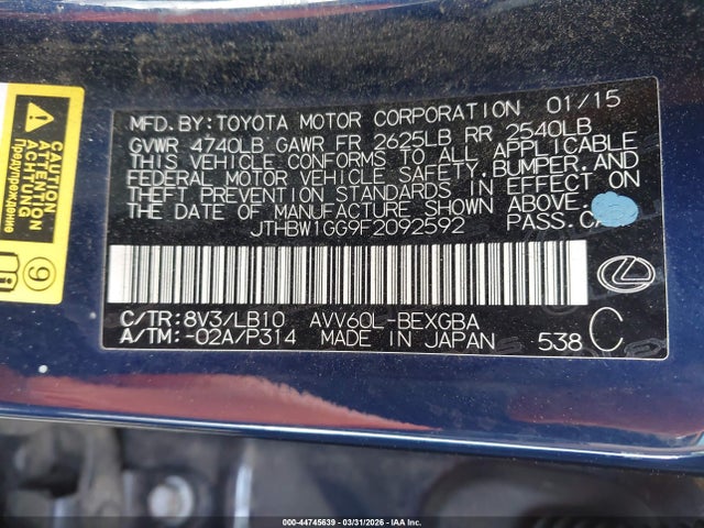 44745639 :رقم المزاد ، JTHBW1GG9F2092592 vin ، 2015 Lexus Es 300h مزاد بيع