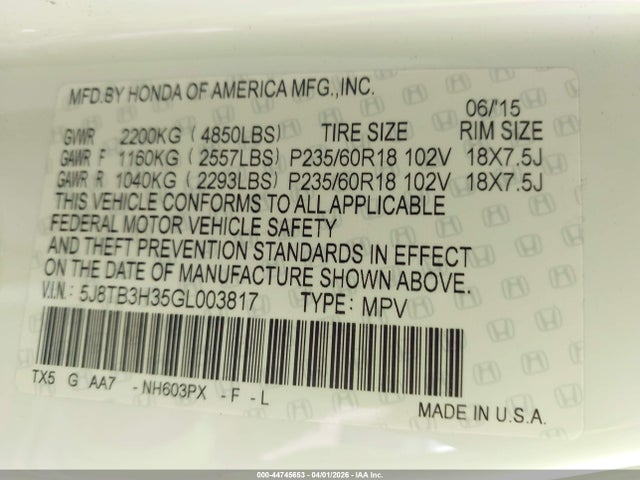 Продажа на аукционе авто 2016 Acura Rdx Acurawatch Plus Pkg, vin: 5J8TB3H35GL003817, номер лота: 44745653