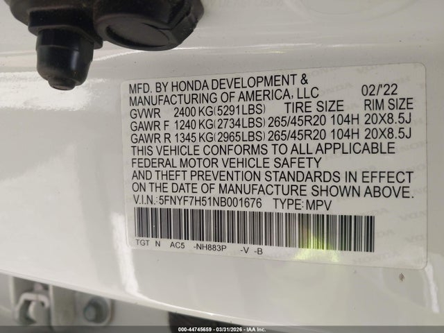 Aukcja sprzedaży 2022 Honda Passport 2wd Ex-l, vin: 5FNYF7H51NB001676, numer aukcji: 44745659