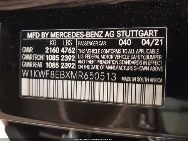 2021 Mercedes-benz C 300 4matic მანქანა იყიდება აუქციონზე, vin: W1KWF8EBXMR650513, აუქციონის ნომერი: 44745678