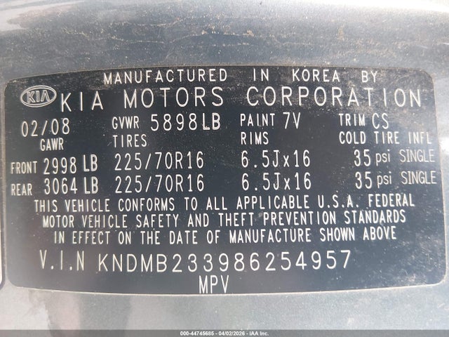 Aukcja sprzedaży 2008 Kia Sedona Lx, vin: KNDMB233986254957, numer aukcji: 44745685