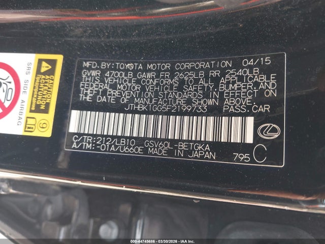 Продажа на аукционе авто 2015 Lexus Es 350, vin: JTHBK1GG5F2199733, номер лота: 44745686
