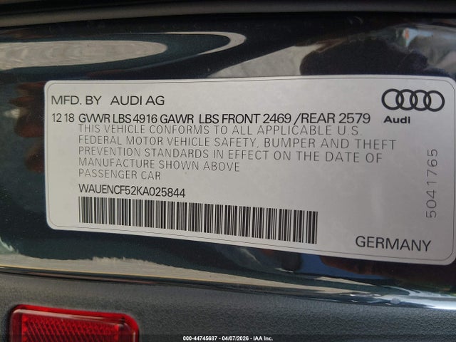 44745687 :رقم المزاد ، WAUENCF52KA025844 vin ، 2019 Audi A5 45 Premium مزاد بيع