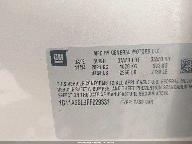 Aukcja sprzedaży 2015 Chevrolet Malibu 1fl, vin: 1G11A5SL9FF229331, numer aukcji: 44745696