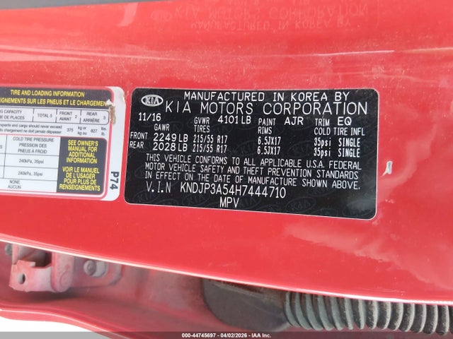 44745697 :رقم المزاد ، KNDJP3A54H7444710 vin ، 2017 Kia Soul + مزاد بيع