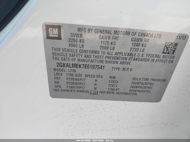 44745699 :رقم المزاد ، 2GKALMEK7E6197541 vin ، 2014 Gmc Terrain Sle-1 مزاد بيع