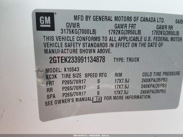 44745712 :رقم المزاد ، 2GTEK233991134878 vin ، 2009 Gmc Sierra 1500 Sle مزاد بيع