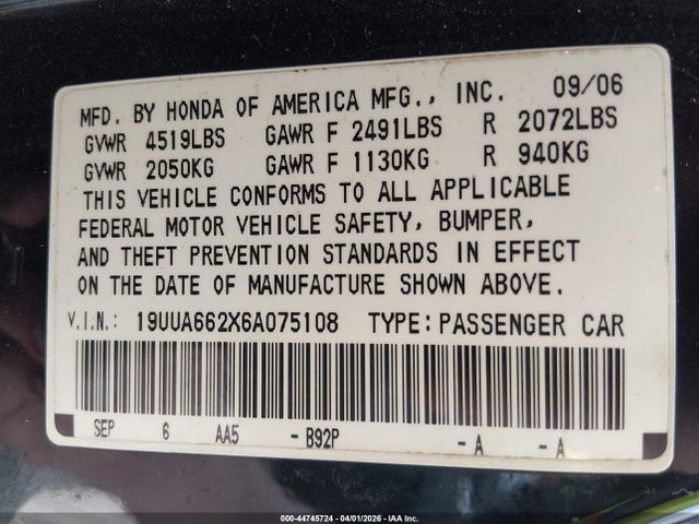 2006 Acura Tl მანქანა იყიდება აუქციონზე, vin: 19UUA662X6A075108, აუქციონის ნომერი: 44745724
