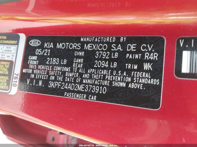 2021 Kia Forte Lxs მანქანა იყიდება აუქციონზე, vin: 3KPF24AD2ME373910, აუქციონის ნომერი: 44745735