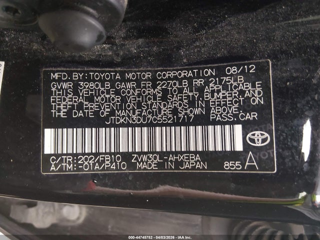 Aukcja sprzedaży 2012 Toyota Prius Two, vin: JTDKN3DU7C5521717, numer aukcji: 44745752