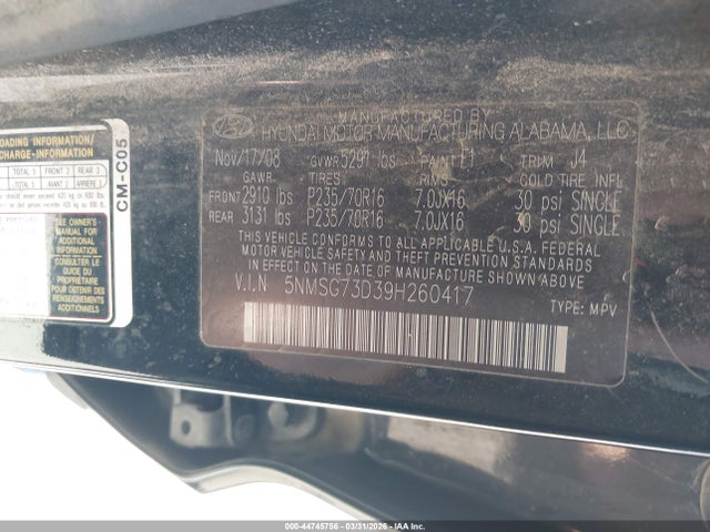2009 HYUNDAI SANTA FE 5NMSG73D39H260417 Photo 8