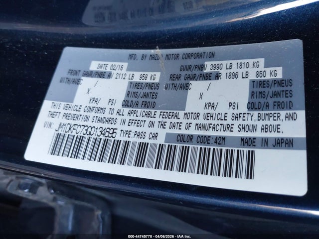 44745778 :رقم المزاد ، JM1DKFC73G0134695 vin ، 2016 Mazda Cx-3 Touring مزاد بيع
