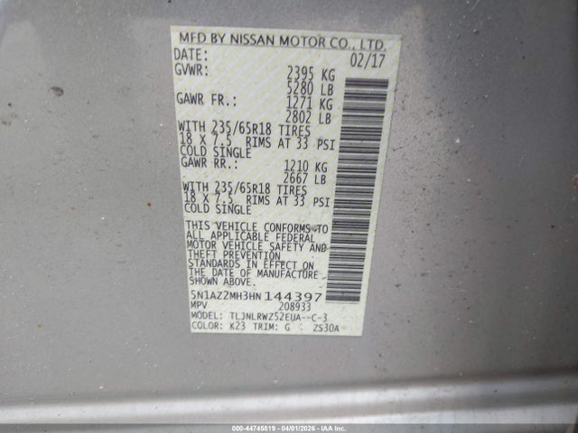 Aukcja sprzedaży 2017 Nissan Murano Sl, vin: 5N1AZ2MH3HN144397, numer aukcji: 44745819