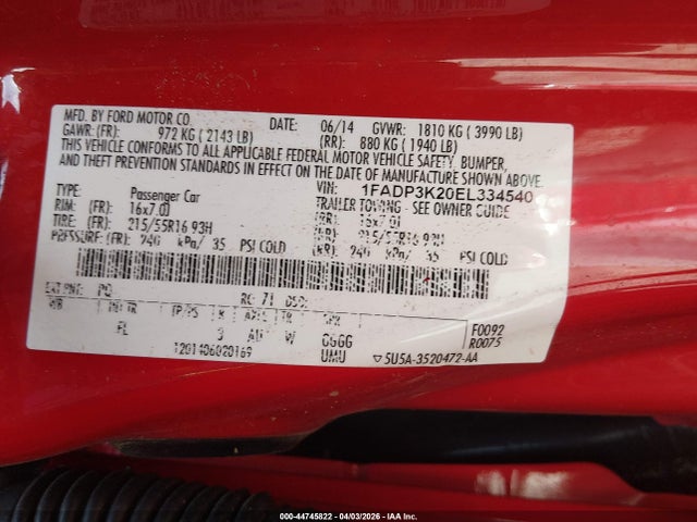 2014 Ford Focus Se მანქანა იყიდება აუქციონზე, vin: 1FADP3K20EL334540, აუქციონის ნომერი: 44745822