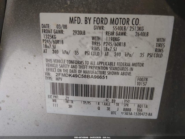 Продаж на аукціоні авто 2008 Ford Edge Limited, vin: 2FMDK49C58BA96651, номер лоту: 44745846