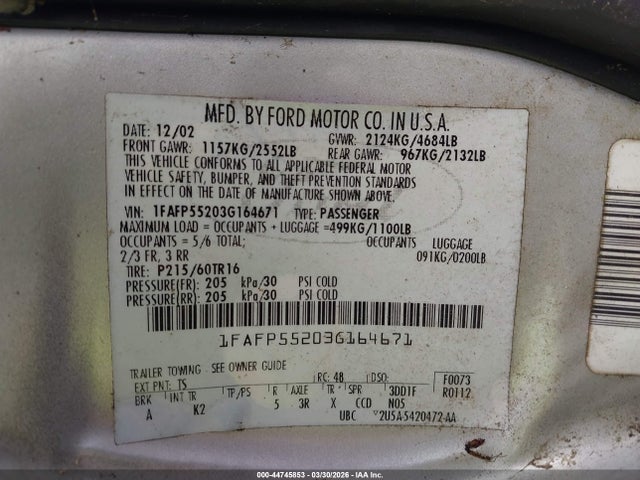 44745853 :رقم المزاد ، 1FAFP55203G164671 vin ، 2003 Ford Taurus Ses مزاد بيع