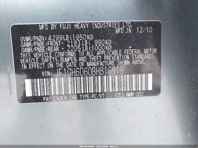 Aukcja sprzedaży 2011 Subaru Impreza Outback Sport, vin: JF1GH6D60BH816919, numer aukcji: 44745862