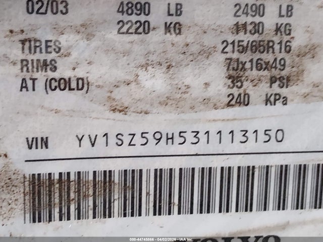 2003 Volvo Xc70 2.5t მანქანა იყიდება აუქციონზე, vin: YV1SZ59H531113150, აუქციონის ნომერი: 44745866