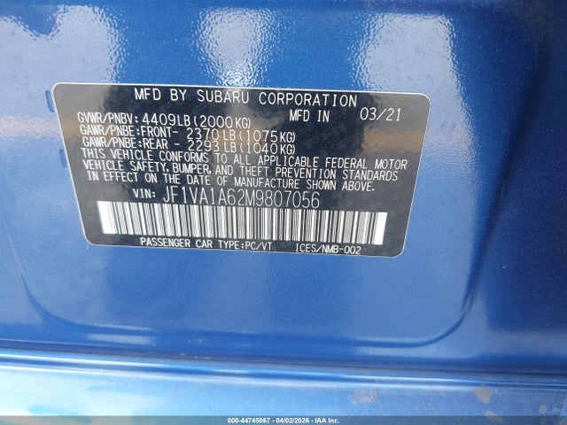 Subaru WRX 2021 JF1VA1A62M9807056 Image 9