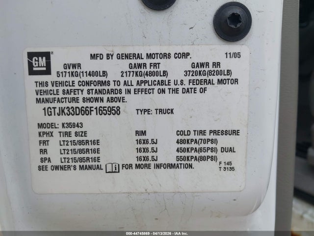 44745869 :رقم المزاد ، 1GTJK33D66F165958 vin ، 2006 Gmc Sierra 3500 Slt مزاد بيع