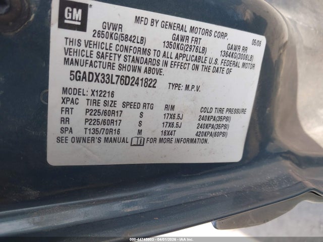 44745903 :رقم المزاد ، 5GADX33L76D241822 vin ، 2006 Buick Terraza Cxl مزاد بيع