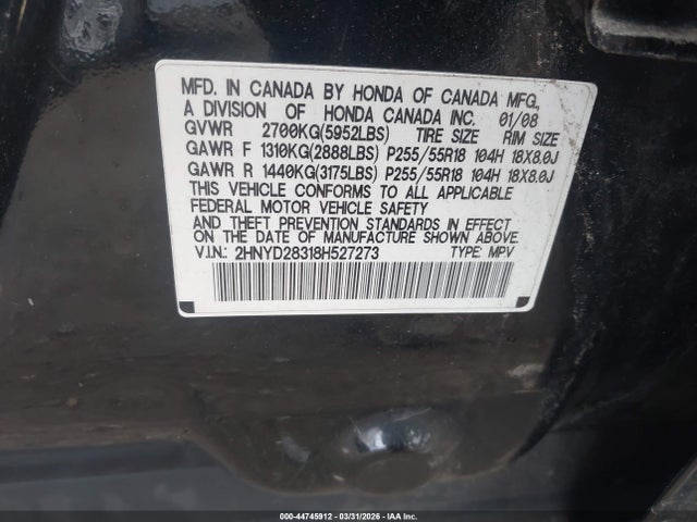 Продаж на аукціоні авто 2008 Acura Mdx Technology Package, vin: 2HNYD28318H527273, номер лоту: 44745912