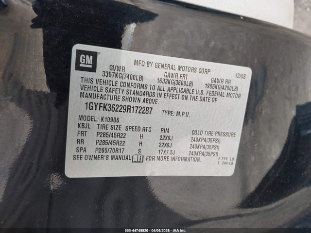 2009 CADILLAC ESCALADE ESV 1GYFK36229R172287 Photo 8