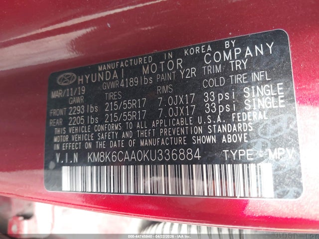 2019 Hyundai Kona Sel მანქანა იყიდება აუქციონზე, vin: KM8K6CAA0KU336884, აუქციონის ნომერი: 44745940