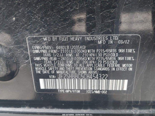2012 Subaru Forester 2.5x მანქანა იყიდება აუქციონზე, vin: JF2SHBBC5CH454322, აუქციონის ნომერი: 44745956