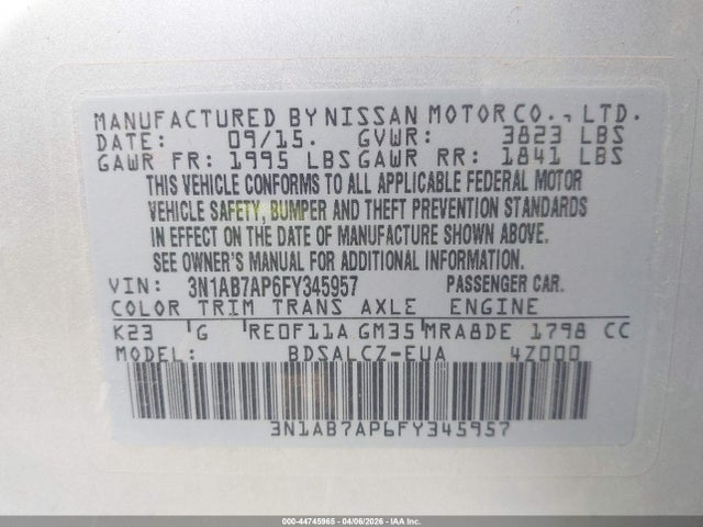 3N1AB7AP6FY345957 Nissan SENTRA S
