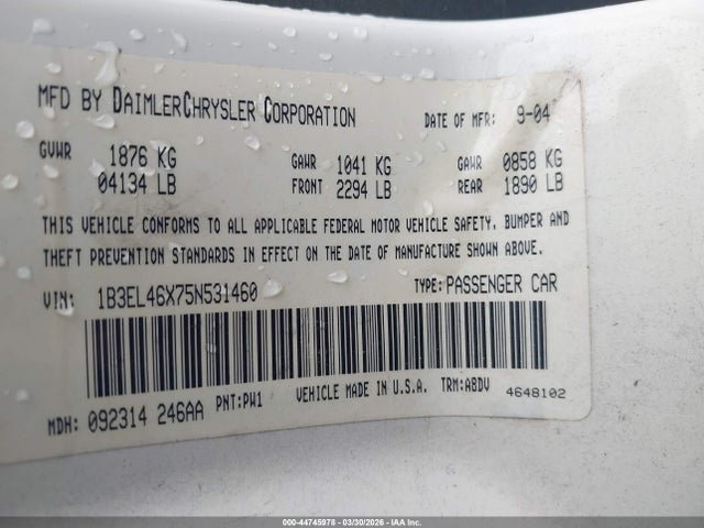 Aukcja sprzedaży 2005 Dodge Stratus Sxt, vin: 1B3EL46X75N531460, numer aukcji: 44745978