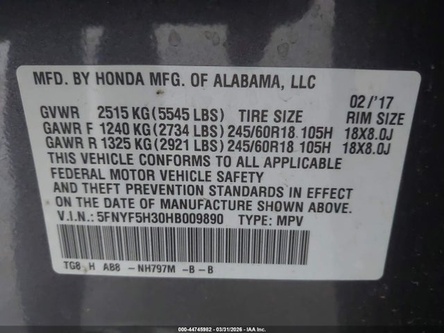 Honda Pilot Ex 2017 5FNYF5H30HB009890 Image 9