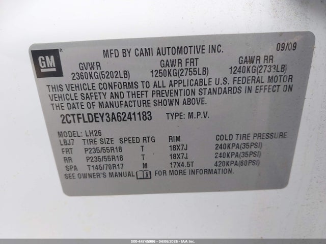 44745986 :رقم المزاد ، 2CTFLDEY3A6241183 vin ، 2010 Gmc Terrain Sle-2 مزاد بيع