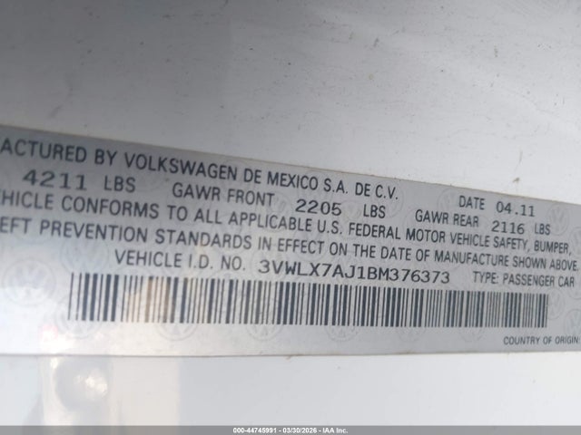 2011 Volkswagen Jetta 2.5l Sel მანქანა იყიდება აუქციონზე, vin: 3VWLX7AJ1BM376373, აუქციონის ნომერი: 44745991