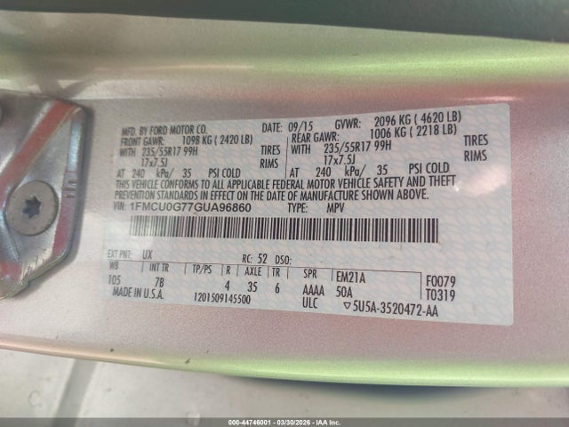 44746001 :رقم المزاد ، 1FMCU0G77GUA96860 vin ، 2016 Ford Escape Se مزاد بيع