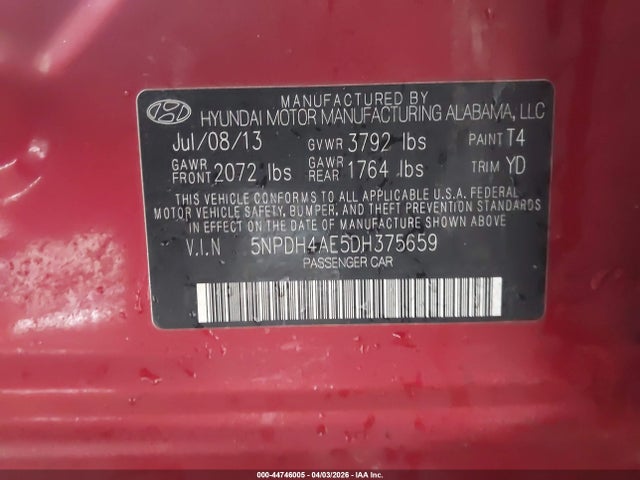 Продаж на аукціоні авто 2013 Hyundai Elantra Gls, vin: 5NPDH4AE5DH375659, номер лоту: 44746005